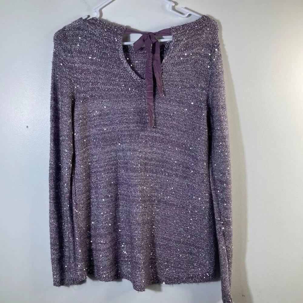 Womens The Limited Sweater Sequins Tie Back‎ Neck Ribbon Purple M NWT
